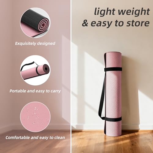 Large Exercise Mat | 10mm Thick TPE Non-slip Gym Mats, Carrying Strap - color: pink/black