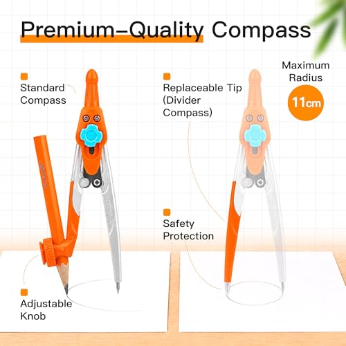 YPLUS Geometry Set, Protractor and Compass Set for Students, 12Pcs | Compass Drawing Tool with Metal Case, Rulers, Protractor, Mechanical Pen, Back to School Supplies for Students - size: 1 Count (Pack of 12)