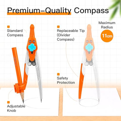 YPLUS Geometry Set, Protractor and Compass Set for Students, 12Pcs | Compass Drawing Tool with Metal Case, Rulers, Protractor, Mechanical Pen, Back to School Supplies for Students - size: 1 Count (Pack of 12)