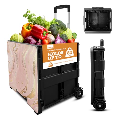 Inspired Living Collapsible Ultra-Slim Pack-N-Roll,2 Wheel Utility Cart w/Lid Used as Seat up to 250 Lbs, Telescopic Handle, Super Strong, for Home,Garden,Shopping,Office,School, Large, Pink Marble - color: Pink Marble Print, size: Large/ Lid