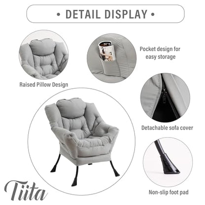 Tiita Lazy Chair with Ottoman, Comfy Reading Accent Chair, Light Grey - color: Peach Skin Light Grey