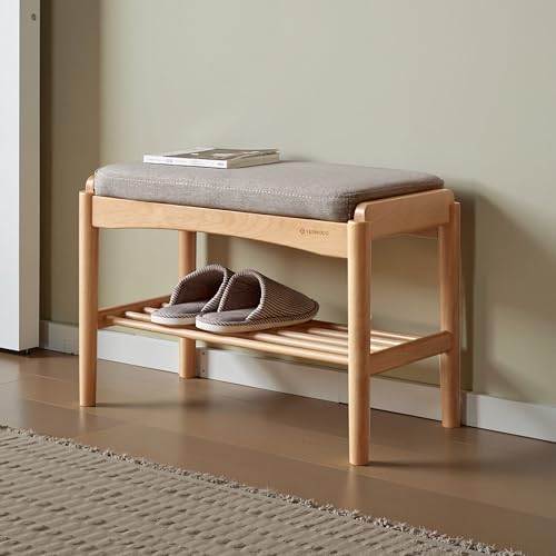 Oak Wood Shoe Bench, 24 Inch Entryway Bench with Gray Cushion - color: Natural + Gray Cushion, size: 23.62"