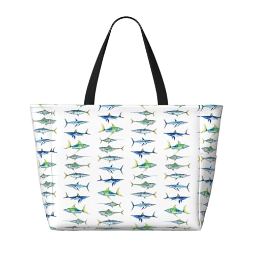 Large Beach Bag for Women Waterproof Foldable Travel Shoulder Tote Bag with Pocket for Weekender Pool Vacation - color: Fish White
