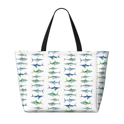 Large Beach Bag for Women Waterproof Foldable Travel Shoulder Tote Bag with Pocket for Weekender Pool Vacation - color: Fish White