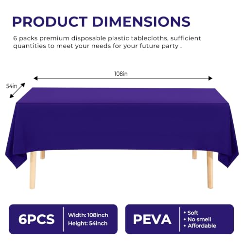 6 Pack Premium Disposable Plastic Tablecloth 54" x 108" Party Table Cloths Disposable for 6 to 8 Foot Tables Indoor or Outdoor Birthdays Weddings Christmas Anniversary Buffet Table (Dark purple) - color: Dark Purple