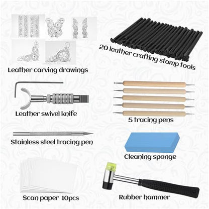 QMNNMA Leather Stamping Tools, Leather Stamps Kit for Leather Working | Leather Carving Tool Kit with Leather Scriber Pen, Leather Working Hammer and Tracing Paper
