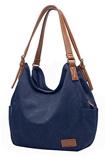 Worldlyda Women Canvas Hobo Purse Multi Pocket Tote Shopper Shoulder Bag Casual Top Handle handbag with Embroidery Ethnic - color: Be06dark Blue