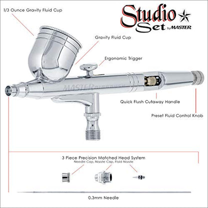 6 Pack Set of Multi-Purpose Precision Dual-Action Gravity Feed Airbrushes
