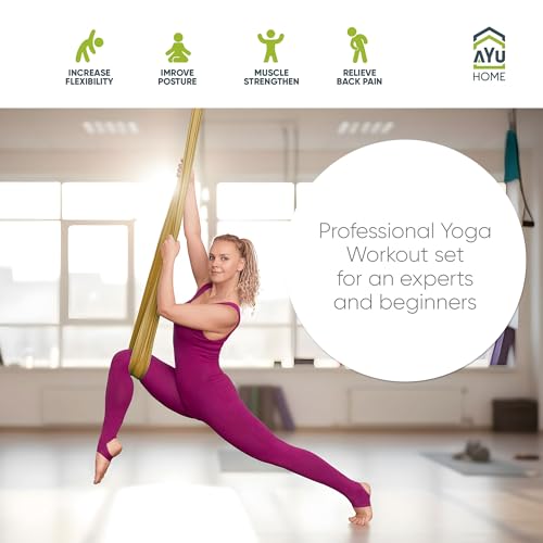 AyuHome Aerial Silks Yoga Swing Aerial Hammock Kit for Home | Premium aerial silks yoga swing kit with rigging hardware for aerial yoga, gymnastics, and home fitness - color: Aerial silk - Gold - New