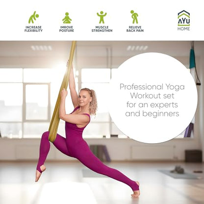 AyuHome Aerial Silks Yoga Swing Aerial Hammock Kit for Home | Premium aerial silks yoga swing kit with rigging hardware for aerial yoga, gymnastics, and home fitness - color: Aerial silk - Gold - New