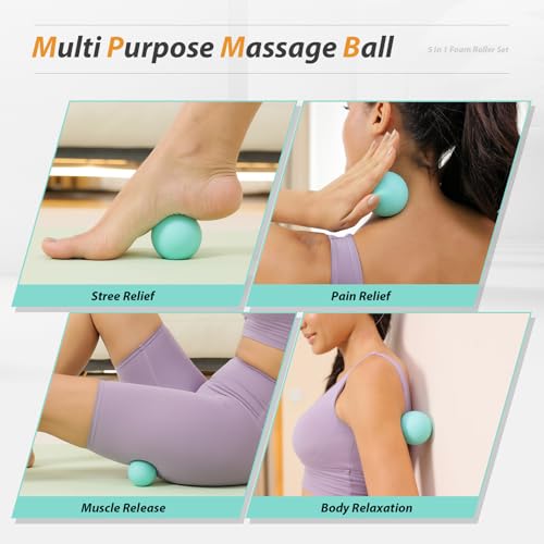 5 in1 Foam Roller Set High Density 15" Foam Roller for Muscle Recovery | Deep Tissue Muscle Massage Foam Roller for Exercise, Massage Roller, Massage Ball, Stretching Strap, for Whole Body Aqua - color: Pure Turquoise