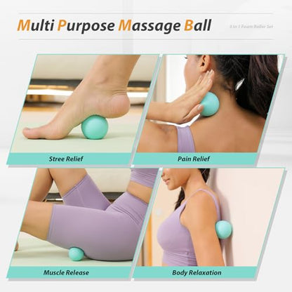 5 in1 Foam Roller Set High Density 15" Foam Roller for Muscle Recovery | Deep Tissue Muscle Massage Foam Roller for Exercise, Massage Roller, Massage Ball, Stretching Strap, for Whole Body Aqua - color: Pure Turquoise
