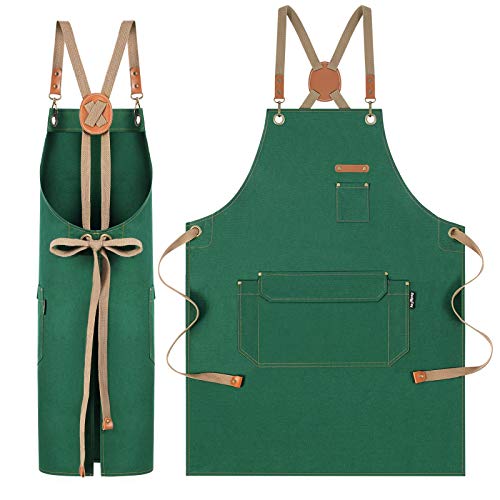 Chef Apron with Cross Back Straps for Men Women, Cotton Canvas Apron for Artists Painting, Kitchen Cooking - color: Green