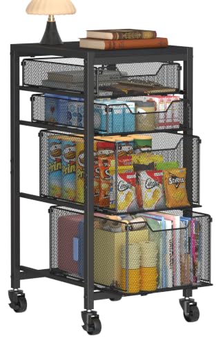 Rolling Storage Cart with Drawers, Under Desk Storage with Wooden Tabletop & Lockable Wheels, 4-Tier Storage Drawers for Bathroom, Craft, Office, Black - color: Black, size: Narrow—4 Drawers