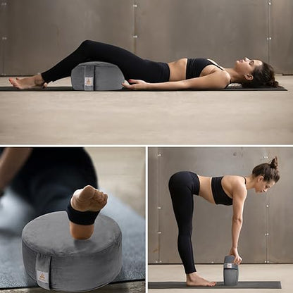 Embroidered Meditation Pillow D=16" H=5.5" Round Velvet Meditation Cushion Yoga Bolster Floor Pouf Zafu Natural Buckwheat hulls Sitting on Floor Removable Organic Cotton Cover Large Kneeling Pillow - color: Dark Grey