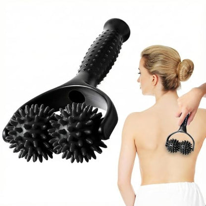 Handheld Spiky Massage Balls Rollers, 2 Wheel Spiky Silicone Manual Massage Roller with Ergonomic Handle, Portable Pressure Point Muscle Massages Tool for Foot Arm Body Neck Leg Pain Pressure Relief - color: Black