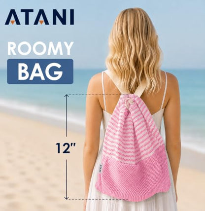ATANI Turkish Beach Towel, Converts to a Bag, Oversized 100% Cotton Bath Towels Lightweight Quick-Dry Beach Blanket for Travel, Picnic, Camping, Yoga and Pool (Pink, 71 inc x 39 inc) - color: Pink, size: 71 inc x 39 inc