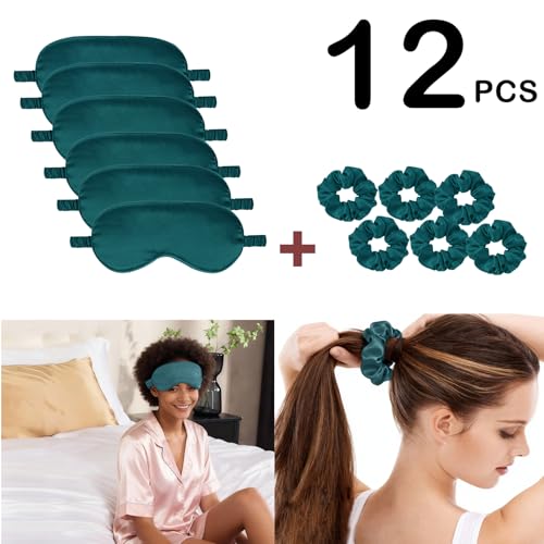 12Pcs Silk Sleep Masks Satin Eye Mask Silky Eyes Cover Blindfold Eyeshade Hair Ties Scrunchy Travel Bridesmaids Gifts - color: Peacock Blue