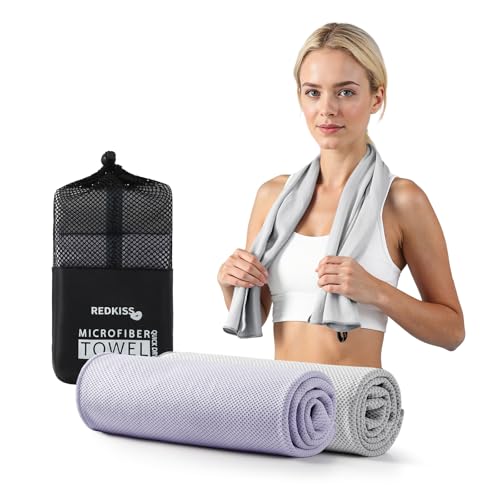 REDKISS 2 Pack Cooling Towels (39"x11"), Ice Towel, Soft Breathable Chilly Towel, Microfiber Towel for Sport, Running, Workout,Gym, Camping & More Activities - Grey Purple