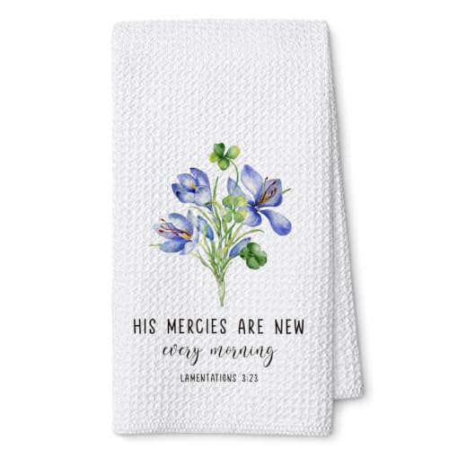 His Mercies are New Blue Crocus Clover Kitchen Towel, 24 x 16 Inch White Waffle Weave Polyester Dish Cloth, Lamentations 3:23 Floral Tea Towel for Christian Decor - color: Color_10
