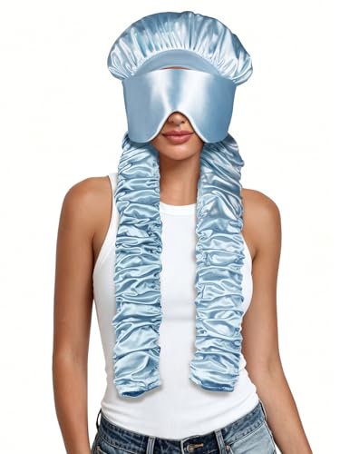 Satin Bonnet for Sleeping with Eye Mask，No Slip Sleep Bonnet with Long Curling Ribbons for Braids & Long Hair - color: Blue