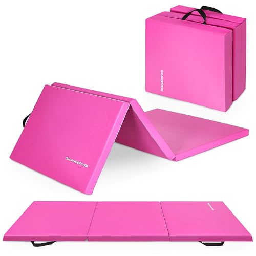 BalanceFrom 6x2 Feet 3-Panel Folding Gymnastics Mat – 2-Inch Thick Pad with Vinyl Surface and Carrying Handles for Tumbling, Yoga, Pilates, Home Workouts, and Martial Arts - color: Pink