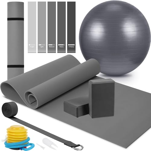 Liliful 10 Pcs Yoga Starter Kit Include 6mm Yoga Mat with Carry Strap, 2 Blocks, 65cm Pilates Ball, Stretch Strap, 5 Resistance Bands with Air Pump Home Workout Set for Beginners Women Men Gym - color: Gray