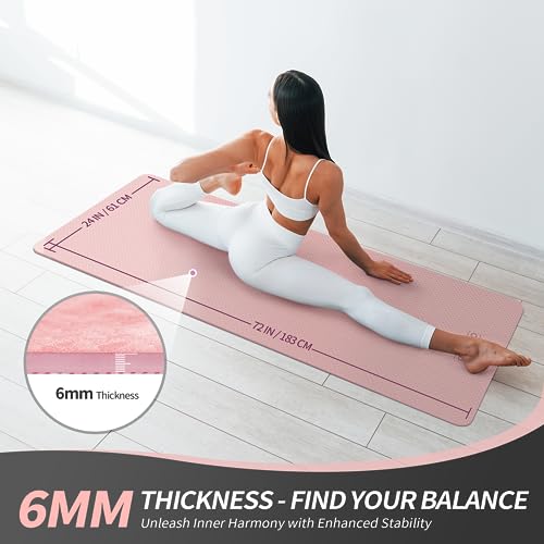 CAMBIVO Yoga Mat for Women Men Kids, 1/3 & 1/4 & 2/5 Inch Extra Thick Yoga Mat Non Slip, 72" x 24" TPE Yoga Mats, Workout Mat with Carrying Strap for Yoga, Pilates and Floor Exercises - color: Pink, size: 72*24*0.24 inch