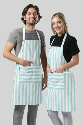 TOSHEX Kitchen Apron Cotton Waterdrop Resistant Adjustable Button Women Men | Premium Cotton Cooking Apron with Pocket. Striped, Gift, Green - color: Green