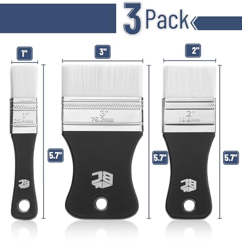 Bates- Flat Paddle Paint Brush Set, 3 Pack, 1"/2"/3" Nylon Bristles | Scale Paddle Brush with Short Ergonomic Handle for Oil and Acrylic Paints Varnishes Painter Artist