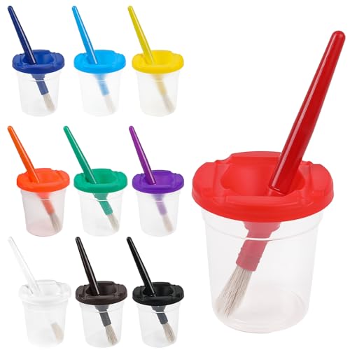No Spill Paint Cups with Lids, 10 Pcs Spill Proof Painting Containers and 10 Round Paint Brushes Kids Art Craft Class Home Supplies 10 Colors