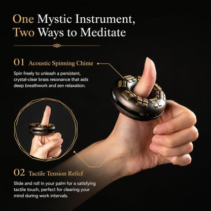 Mystic Ring Bell, Brass Finger Chime for Meditation and Sound Healing | Rotating steel beads offer two ways to play; compact brass finger chime includes a soft pouch for yoga and rituals.