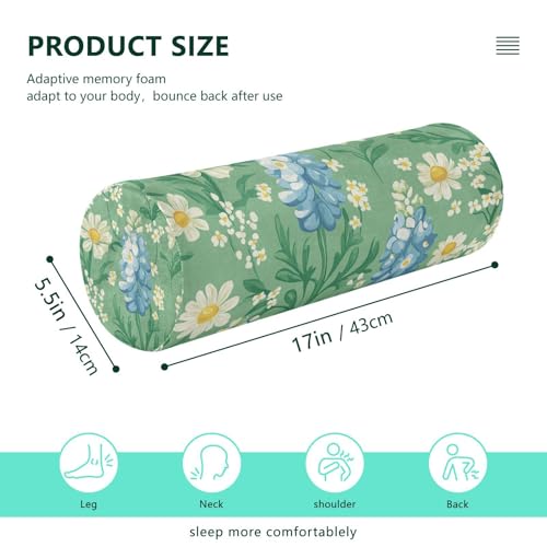 Mint Green Bluebonnet and Daisy Flowers Neck Roll Pillow Bolster Round Health Memory Foam Long Cervical Cylinder Pillows with Removable Washable Cover for Body Bed Legs Back Yoga - color: Mint Green Bluebonnet and Daisy Flowers