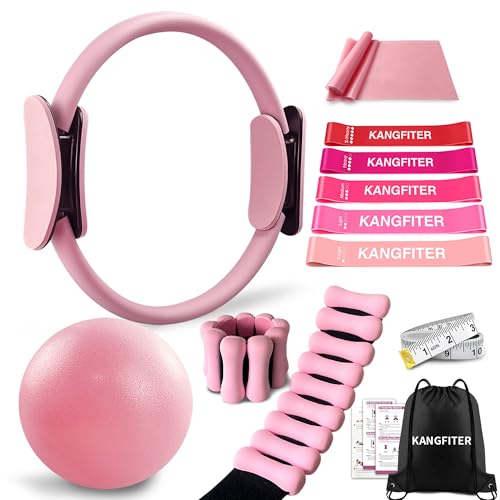 KANGFITER Pilates Equipment Kit for Home Workout, Pilates Ring and Ball Set with Adjustable Ankle Wrist Weights, Resistance Bands, Tape Measure, Bag, Pilates Essentials Accessories for Women Yoga - color: Pink