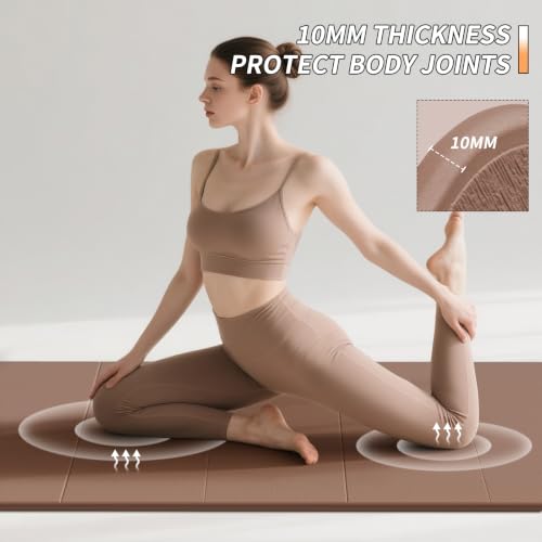 PAIDU Foldable Yoga Mat 10MM Thick SGS Certified TPE 75x26" Portable - color: Brown + apricot