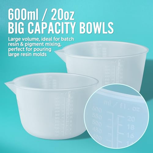 Silicone Resin Mixing Measuring Bowls 2Pcs 600ml/20oz for Resin Supplies, Thickened Reusable Silicone Bowl Cups for Epoxy Mixing, with Stir Sticks, Jewelry Making - size: 2*600ml (Transparent Marks)
