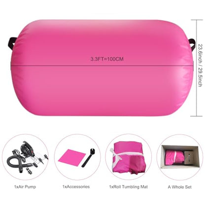 Inflatable Air Roller Mat with Pump for Gymnastics Training - color: pink+pump, size: length 100cm,diameter 75cm