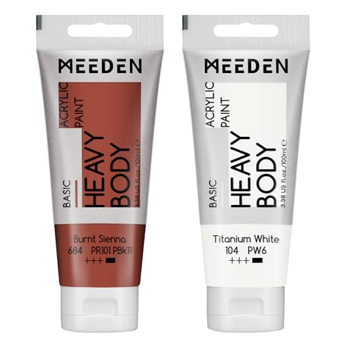MEEDEN Acrylic Paint Burnt Sienna: 100ml/3.38oz x 2 with Titanium White | Heavy Body Artist Acrylic Paint Set for Canvas, Wood & Craft, Non-toxic Creamy Art Paint with Titanium White for Mixing - color: Burnt Sienna, size: 2 Tubes
