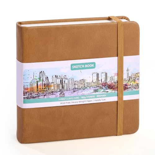 5 × 5 Inch Square Sketch Book, 80 Sheets Small Sketch Book, Brown | Portable Size,Travel Sketchbook for Pencil Charcoal Pastel, Brown Cover, Travel Journaling, Beginner Friendly - color: Coffee Brown