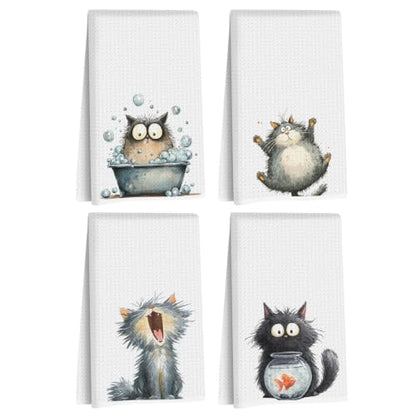 4 Pcs Funny Cat Kitchen Towels, Cute Cats Gifts Reusable Hand Towels-04 - color: Multi 1619