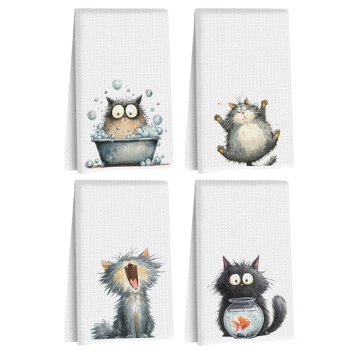 4 Pcs Funny Cat Kitchen Towels, Cute Cats Gifts Reusable Hand Towels-04 - color: Multi 1619