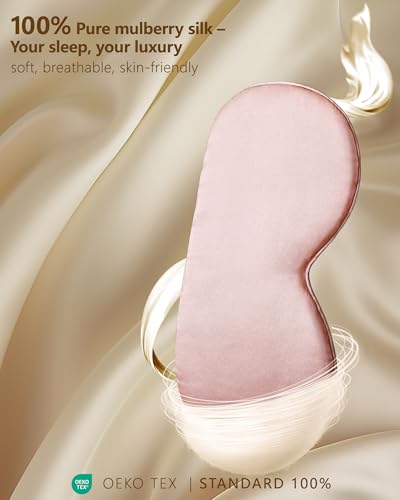 Silk Sleep Mask for Women - Soft Breathable Organic Natural Mulberry Silk Fabric Blackout Eye Mask for Sleeping with Adjustable Straps No Pressure Eye Mask for Travel Essentials Gifts (Pink) - color: Pink