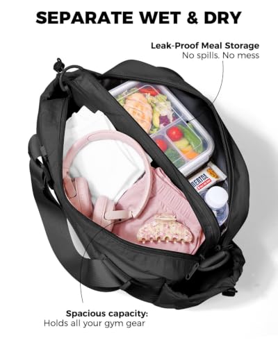 Small Gym Bag for Women - Duffle Weekender Work Duffel Carry on Tote Bag | Puffer Yoga Mat Holder Wet Compartment Coin Purse BPA-Free - color: Black