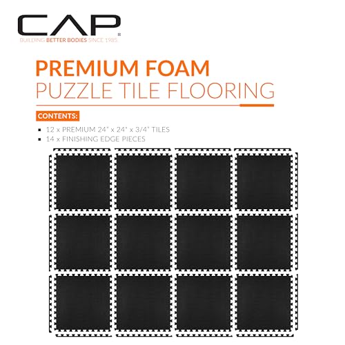 CAP Puzzle Exercise Mats | 3/4” Thick EVA Interlocking Foam Tiles for Home Gym Flooring | Multiple Options - color: T - Black, style: 12 Tiles (48 SQ FT)