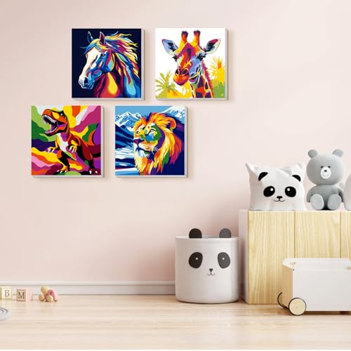 TOSTOG 4 Pack Paint by Number for Kids with Wooden Frame, DIY Colorful Animal Paint by Numbers for Kids Ages 8-12, Acrylic Oil Painting Kits Easy Paint by Number for Gift Home Wall Decor 8in X 8in - color: Colorful Animal