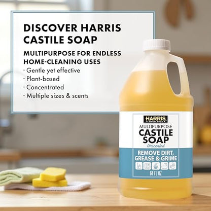 HARRIS Multi-Purpose Pure Liquid Castile Soap with Micro Fiber Towel for Home Cleaning, For Dish Soap, Laundry Detergent, Kitchen and Bathroom Surfaces, Kids Rooms, Unscented, 64 Oz