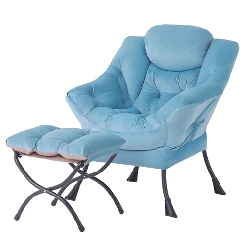 Tiita Lazy Chair with Ottoman, Comfy Reading Accent Chair, Light Blue | Foldable Footrest, Padded Seat and Backrest, Side Pocket for Lounging in Living Rooms, Bedrooms, Dorms and Small Spaces - color: Light Blue