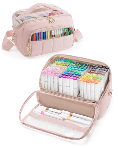 Marscamd Quilted Marker Organizer Case Holds 180 Markers, Marker Storage Organizer Bag with Dividers and Detachable Crossbody Strap, Pink - color: Pink