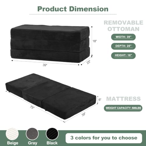 6 Inch Tri Fold Memory Foam Mattress Twin Size, Foldable Futon Mattress Topper with Removable Washable Cover, Portable Floor Sofa Bed Guest Mat with Carry Handles & Non-Slip Bottom for Camping - color: Black, size: Twin