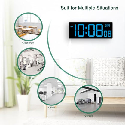 Soobest LED Wall Clock Digital Clock with Seconds | Large Digital Clock Bold Numbers for Seniors, Plug Electric Clock Dimmable Large Display, Auto DST, Gym, 10 Inches - color: 10.2" Blue